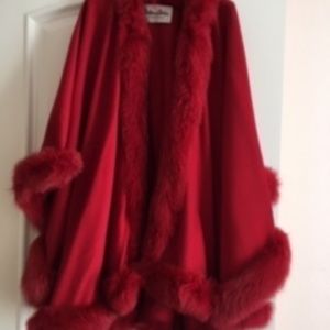 Red Cashmere Cape with Fox Fur Trim